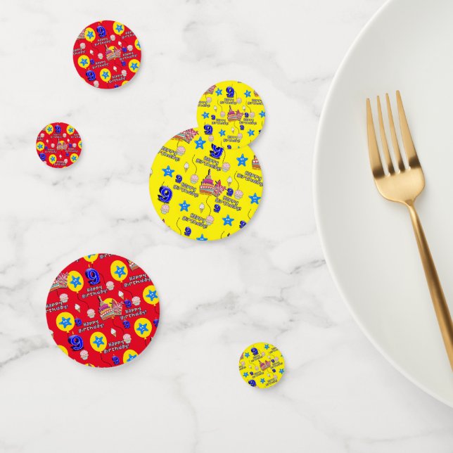 Confeti Feliz 9 cumpleaños Confetti, 9 amarillo y rojo (Grupo)