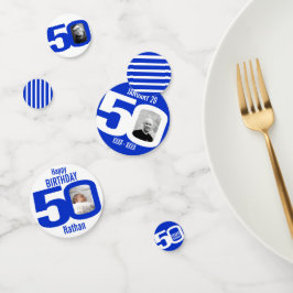 Confeti Feliz cumpleaños 50.º nombre foto azul blanco