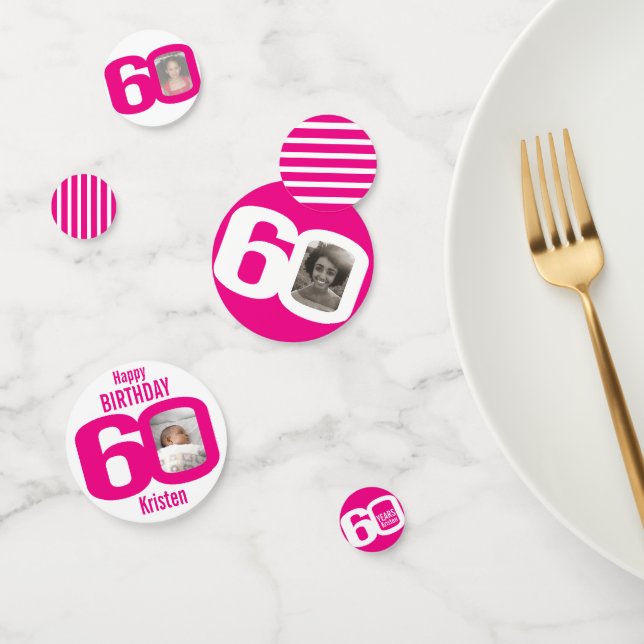 Confeti Feliz cumpleaños 60º nombre foto rosa blanco (Grupo)