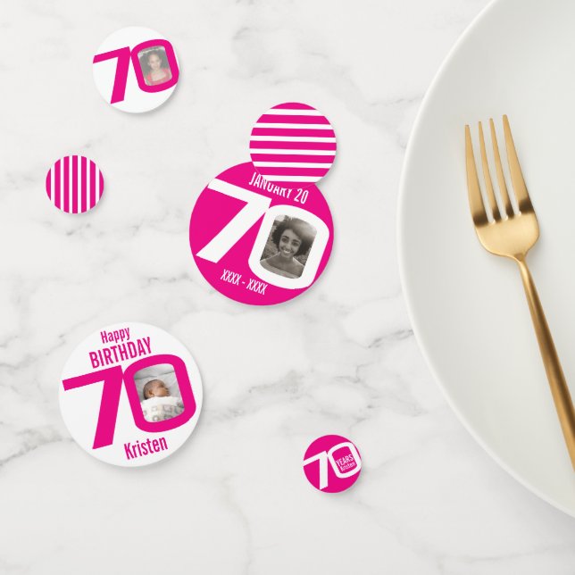 Confeti Feliz cumpleaños 70.º nombre foto rosa blanco (Grupo)