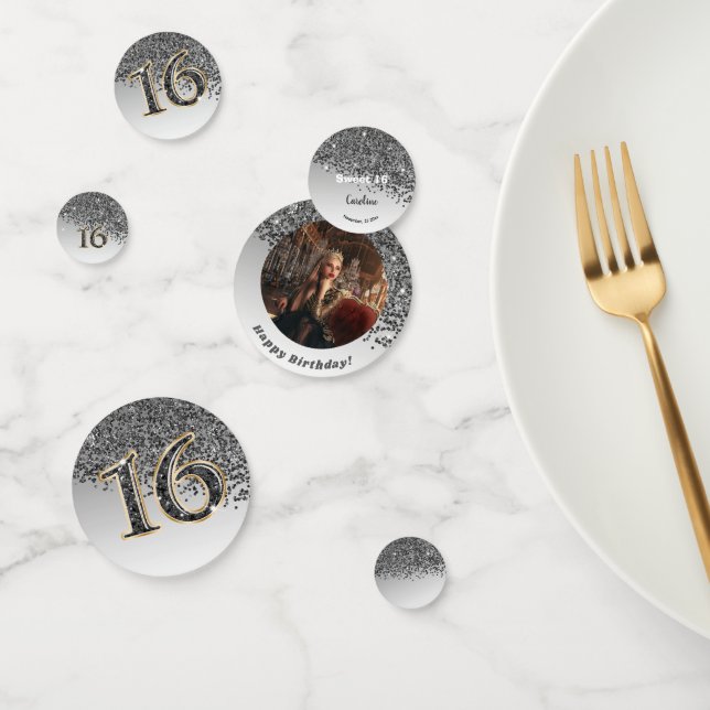 Confeti Feliz dulce 16º cumpleaños Purpurina negro que se  (Grupo)