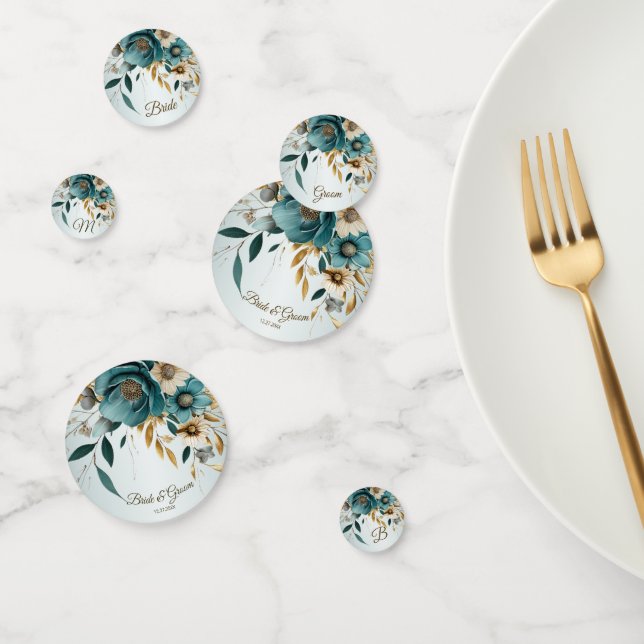 Confeti Fiesta de Boda Flores Blancas Turquesa Hojas Dorad (Grupo)