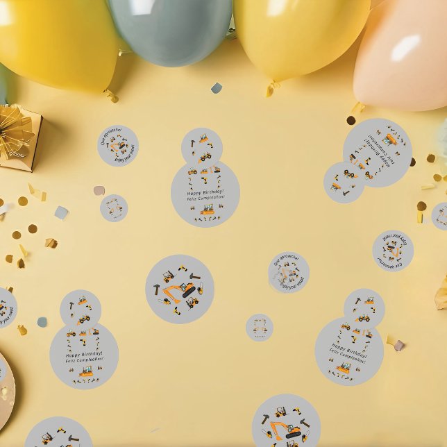 Confeti Fiesta de cumpleaños de la construcción gris bilin (Gray Bilingual confetti construction themed birthday, custom spanish text. Multilingual Project)