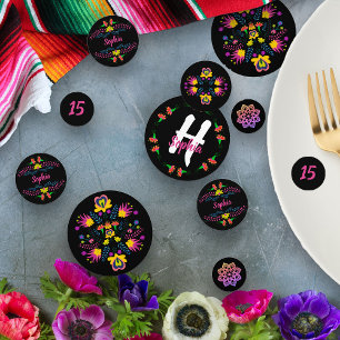 Confeti Fiesta Mexicana Personalizada con Flores Negras