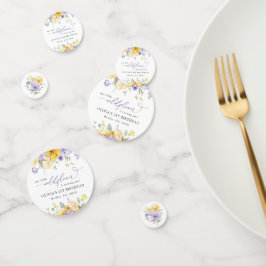 Confeti Flores moradas, flores amarillas, primer cumpleaño