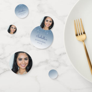 Confeti Foto Personalizada Glam Azul Brillo Goteo Quinceañ