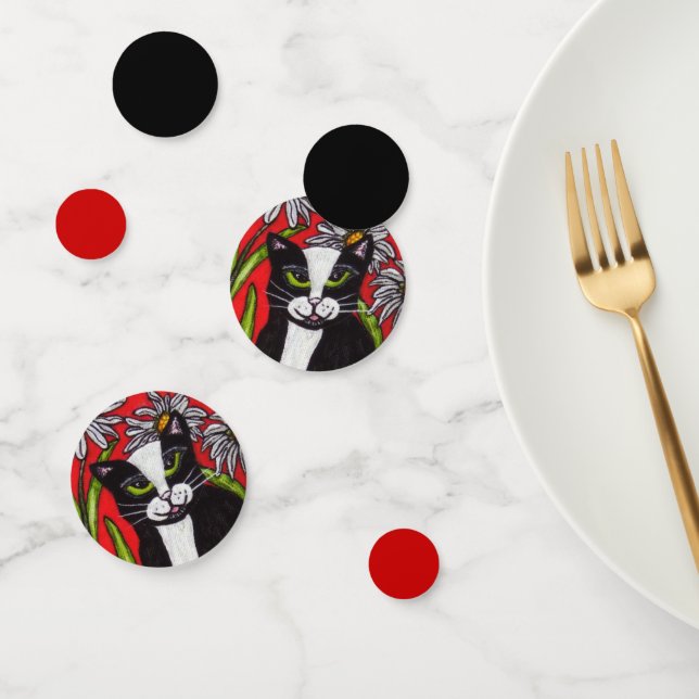 Confeti Gato negro blanco de Tuxedo Daisies negro rojo (Grupo)