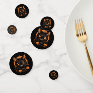 Confeti Gato negro de Halloween con calabazas y luna