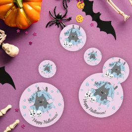 Confeti Gato rosa en Halloween con calavera de calabaza y 