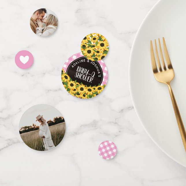 Confeti Gingham rosa y Sunflowers Baby-Q Shower (Grupo)
