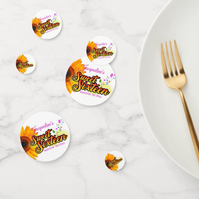 Confeti Girasol y globos sobre dulce blanco Dieciséis (Grupo)