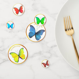 Confeti Hermosas mariposas multicolores y marco dorado