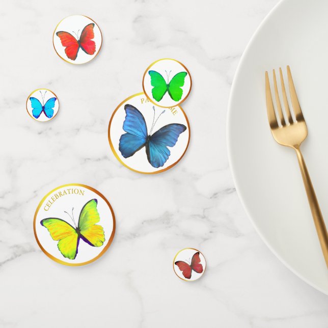 Confeti Hermosas mariposas multicolores y marco dorado (Grupo)