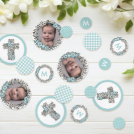 Confeti Hermoso marco floral azul foto bautismo