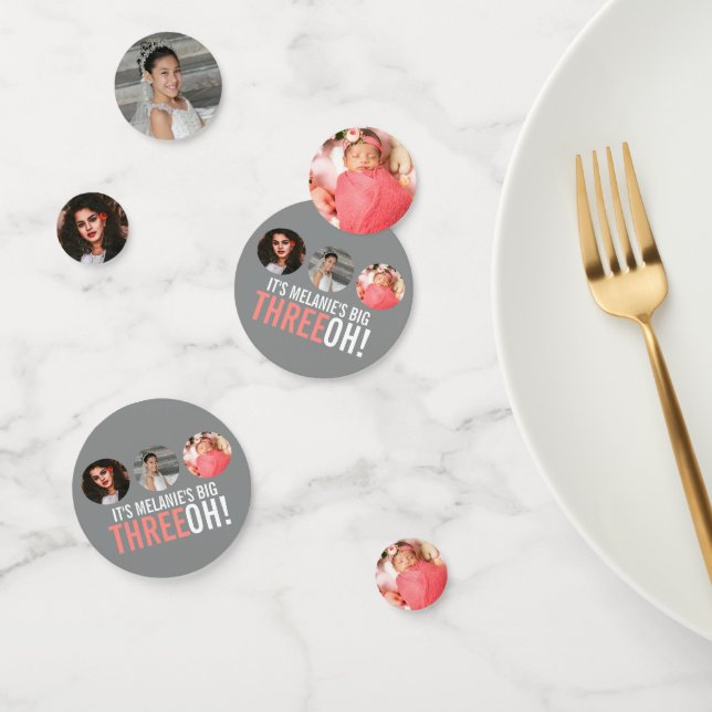 Confeti Imagen de cumpleaños fotográfico gris y rosa 30th  (Grupo)