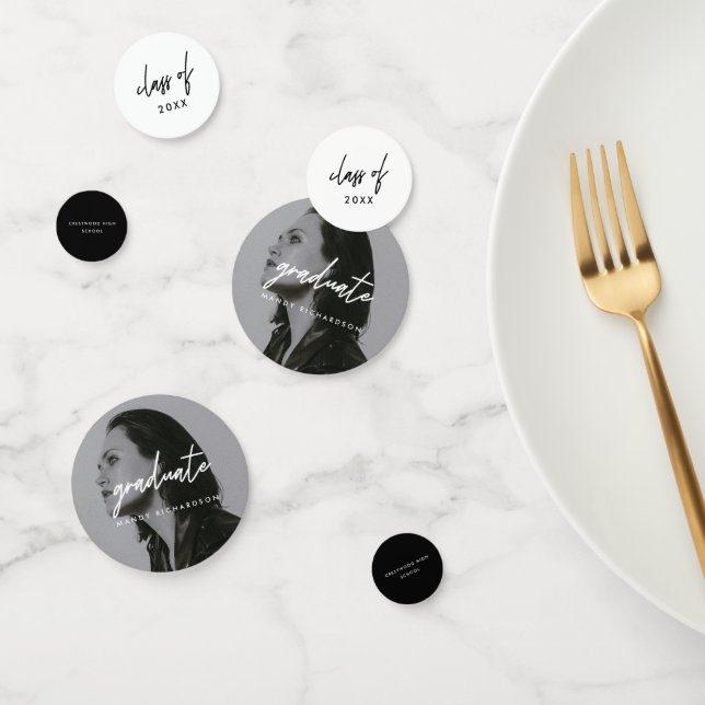 Confeti Modern Script Black & White Photo Graduation Party (Grupo)