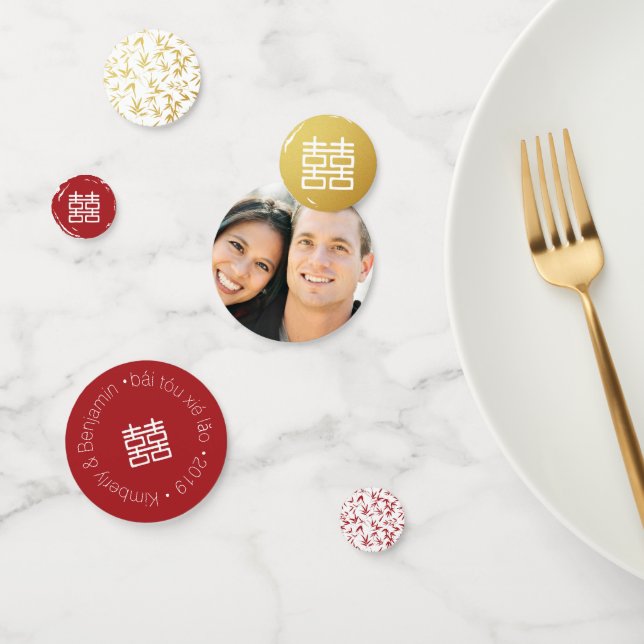 Confeti Oro rojo y bambú blanco doble felicidad chino (Grupo)