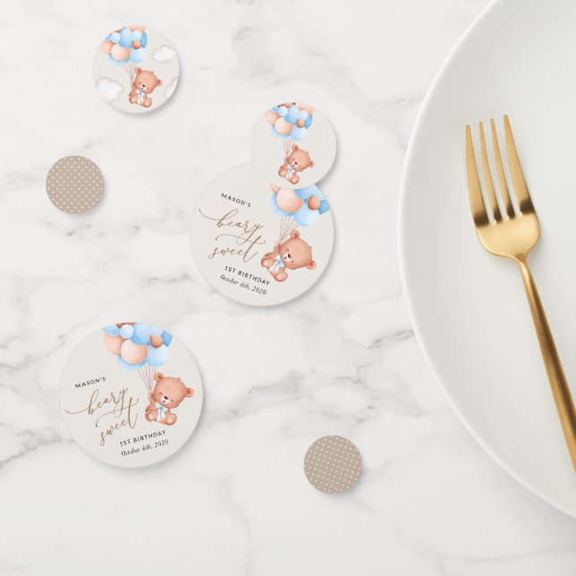 Confeti Oso bebé, globos azules, primer cumpleaños (Grupo)