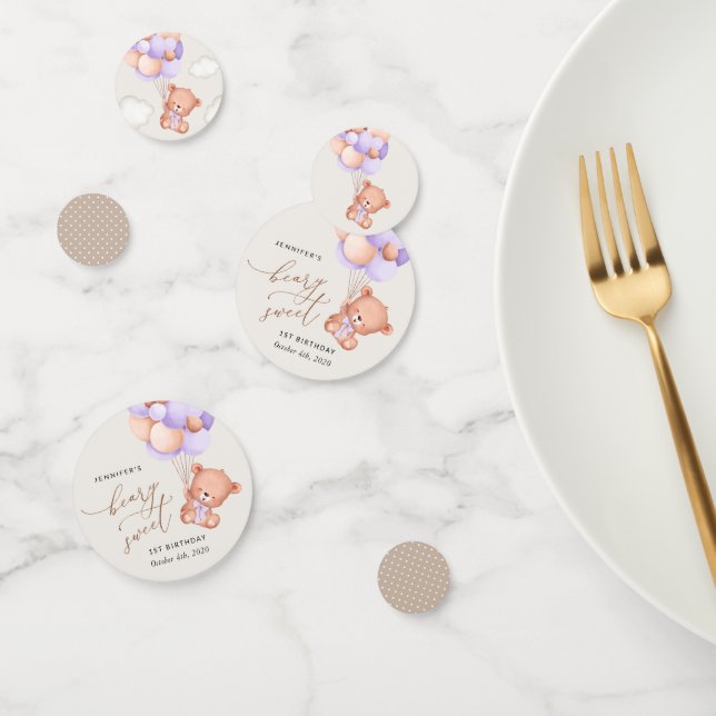 Confeti Oso Bebé, Globos Púrpura, Primer Cumpleaños (Grupo)