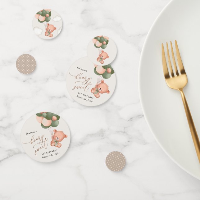 Confeti Oso bebé, globos verdes, primer cumpleaños (Grupo)