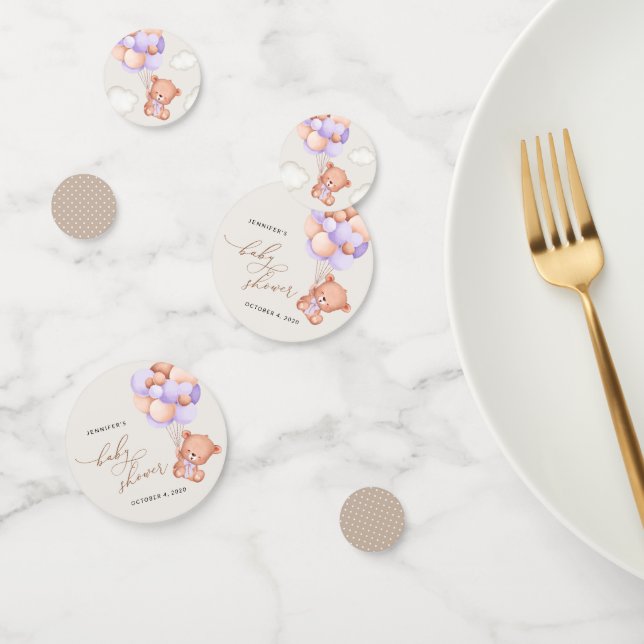 Confeti Oso Bebé, Oso Cuto, Globos Púrpura, Baby Shower (Grupo)