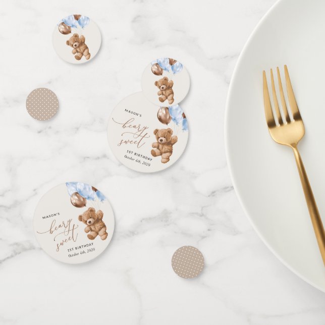 Confeti Oso de peluche, globos azules, primer cumpleaños (Grupo)