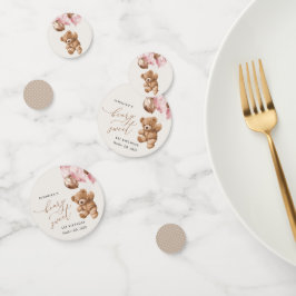 Confeti Oso de peluche, globos rosados, primer cumpleaños