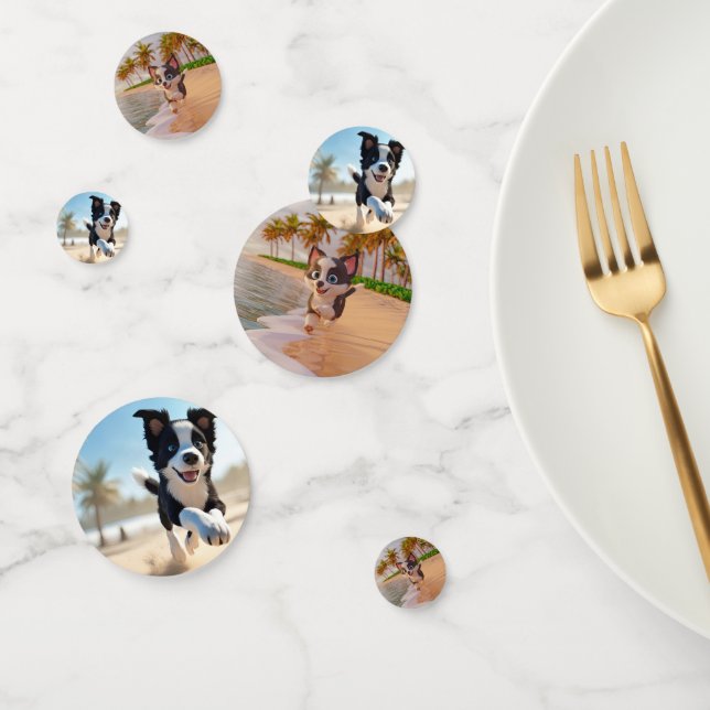 Confeti Perro blanco y negro corriendo en la playa (Grupo)