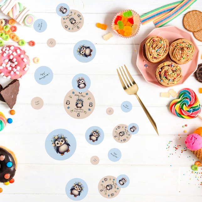 Confeti Pingüinos con nombre y texto bilingüe (Bilingual personalized, cute penguins table confetti. Multilingual project.)