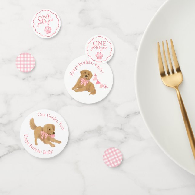Confeti Pink Gingham One Golden Year Puppy Birday Table (Grupo)
