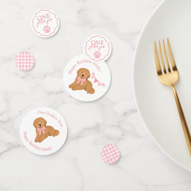 Confeti Pink Gingham One Golden Year Puppy Birthday Table (Grupo)