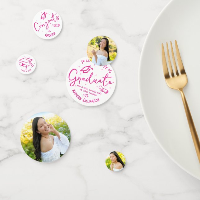 Confeti Pink Hand Drawn Doodles Graduation 3 Photo White (Grupo)