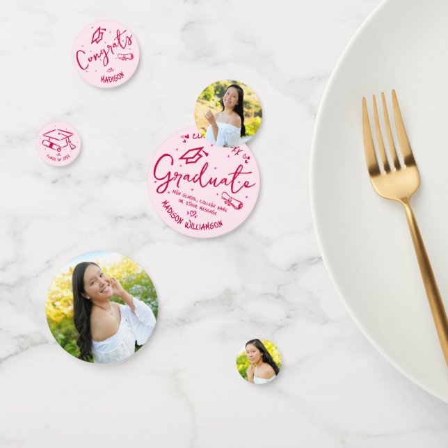 Confeti Pink Red Hand Drawn Doodles Graduation 3 Photo Fun (Grupo)
