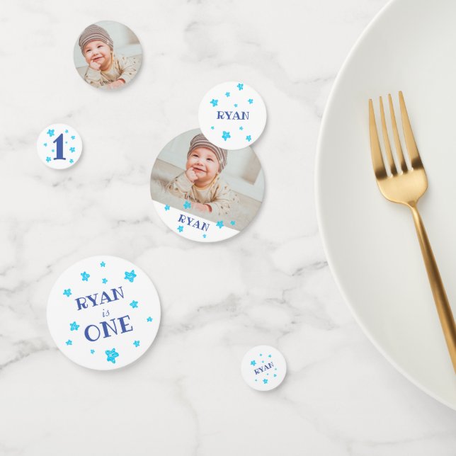 Confeti Primera fiesta de cumpleaños con foto azul (Grupo)