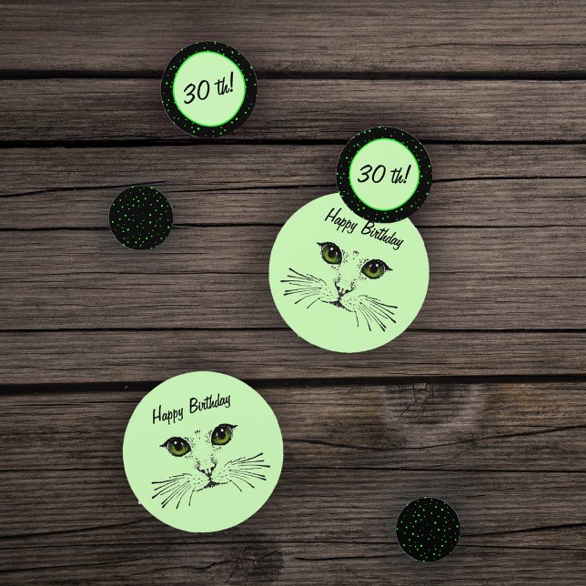Confeti Punto de Polka verde de los ojos verdes del gato d (Kitty face green eyes and whiskers on green and black with green polka dots Birthday table confetti.)