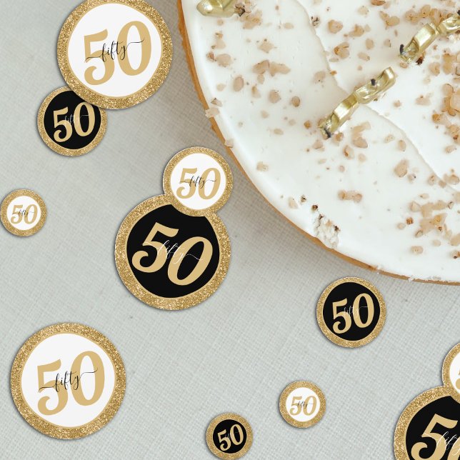 Confeti Purpurina de Oro Blanco y Negro 50 50 cumpleaños (Black & White Gold Glitter 50 Fifty 50th Birthday Confetti)
