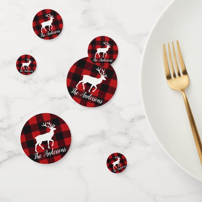 Confeti Red Buffalo Plaid & Reindeer | Personal Name Table (Grupo)