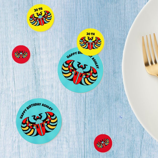 Confeti Resumen colorido Scarab Beetles Feliz cumpleaños (Abstract bright scarab beetle in black, red, yellow and aqua blue on Happy Birthday table confetti.)