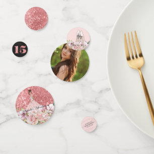 Confeti Rosa Fiesta de Quinceañera personalizada con flora