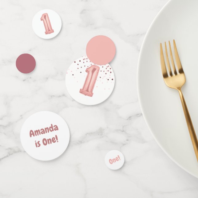 Confeti Rosa Oro y Globo Rosa Número Primer Cumpleaños (Grupo)