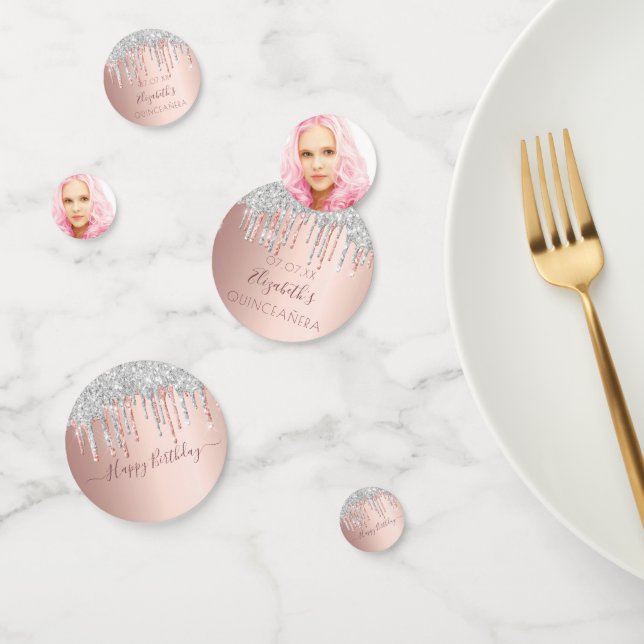 Confeti Rosa Quinceanera purpurina de oro nombre de foto d (Grupo)