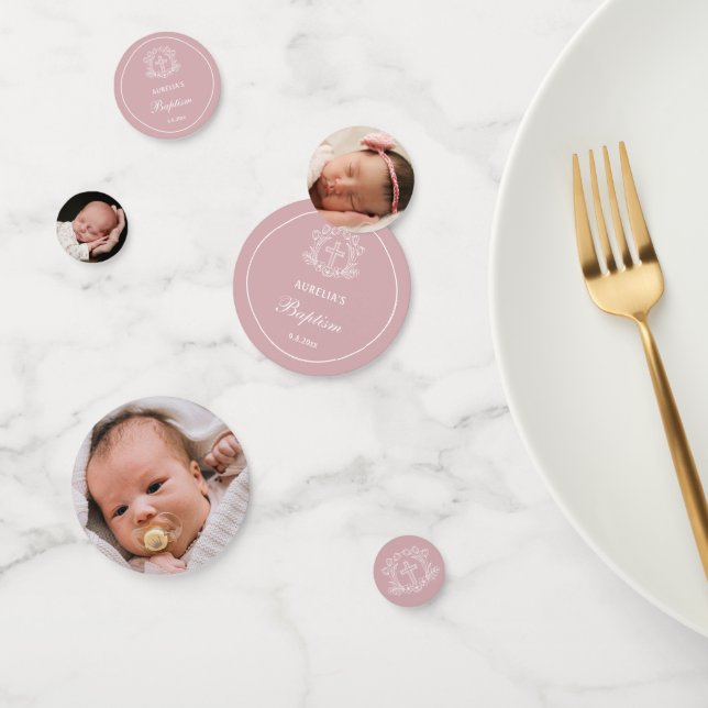 Confeti Simple Cruz Floral en la tabla de bautismo rosa (Grupo)