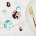 Confeti Turquoise Bat Mitzvah Photo Gold Script Watercolor<br><div class="desc">Añade un poco de estilo extra a tu fiesta de celebración favorita de Bat Mitzvah con este confeti de mesa de fotos de personalizable! Impresionante, moderno y brillante guión manuscrito de Relieve metalizado falso dorado, Estrella de David y pequeños puntos contra un fondo de color azul turquesa en un lado...</div>