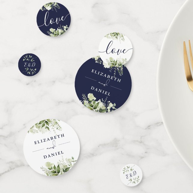 Confeti Verdor Floral Monograma Marina Boda Azul (Greenery Floral Monogram Navy Blue Wedding Confetti)