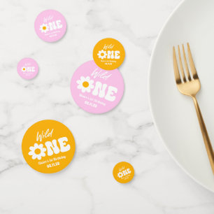 Confeti Wild One Pink White Daisy Retro Primer Cumpleaños