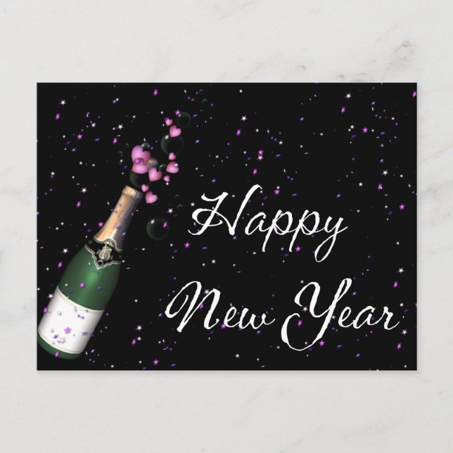 Confetti, botella de champán, postal de Año Nuevo  (Anverso)