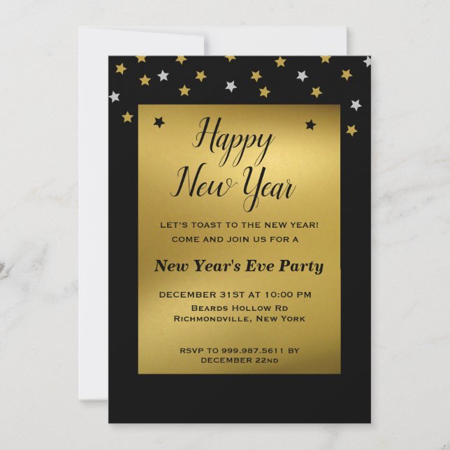 Confetti de estrellas de oro | Invitación de Año N (Anverso)