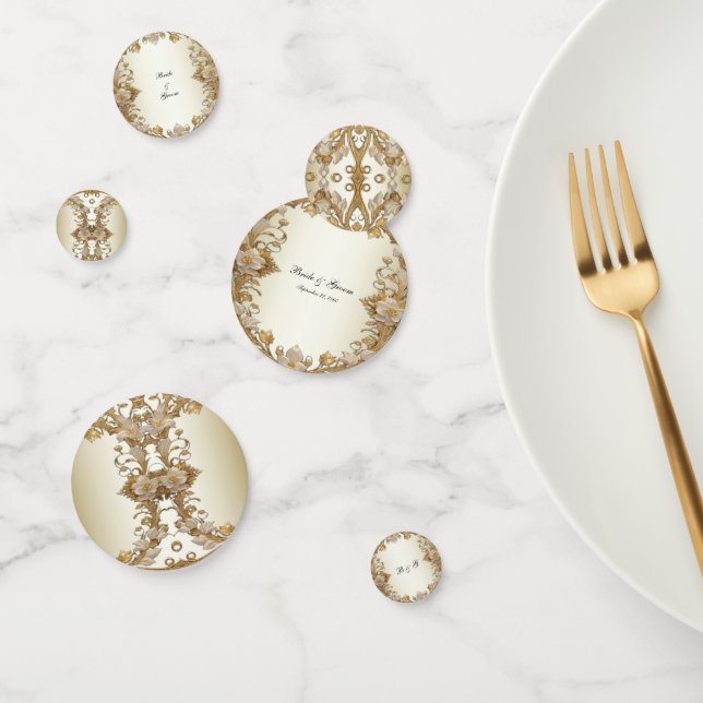 Confetti de mesa de oro decorativo con flores blan (Grupo)