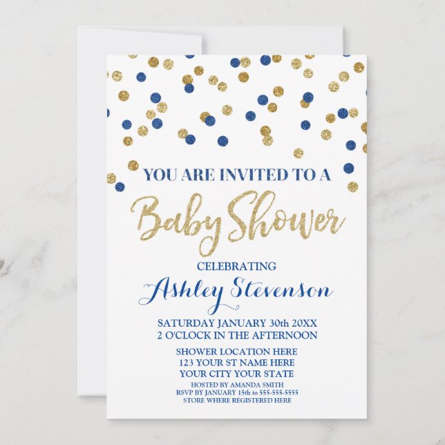 Confetti de oro azul de la marina de la invitación (Reverso)