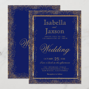 Confetti de oro e invitación azul oscuro